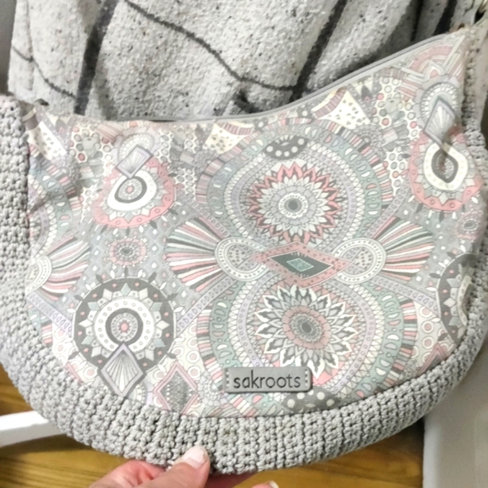 Sakroots Gray and Pink Bohemian Style Crossbody Crochet Bag - Picture 8 of 13